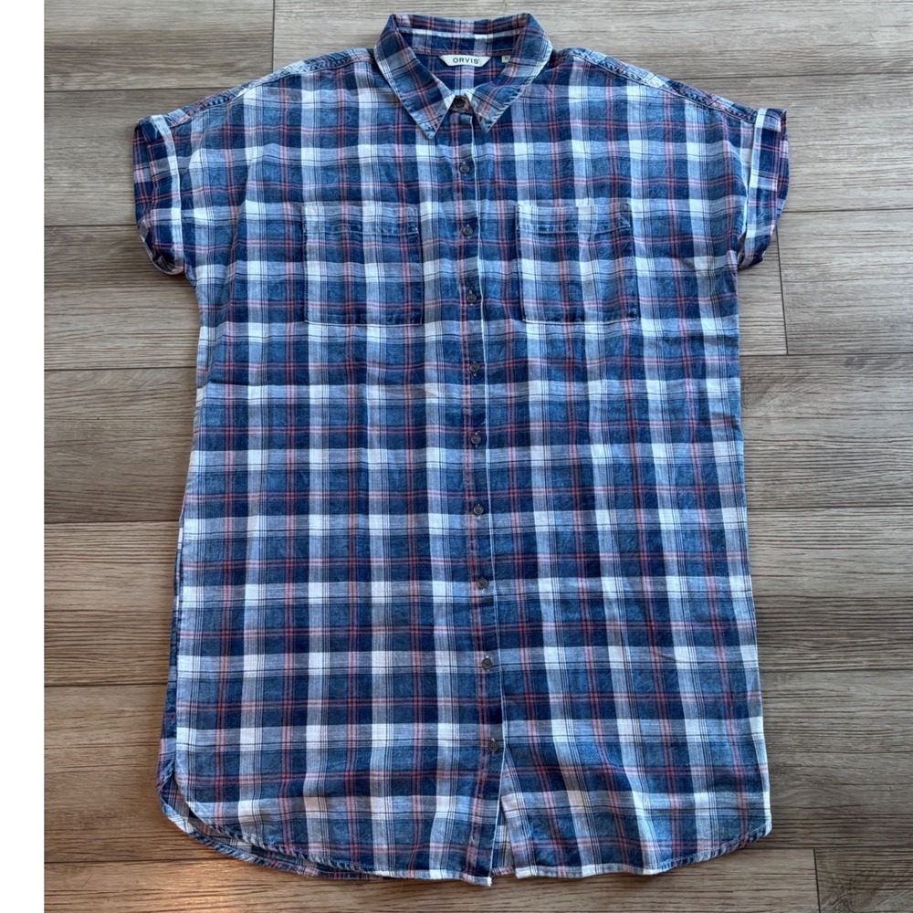 Orvis Womens Blue Pink Plaid Cotton Short Sleeve Button Down Shirt Dress XL